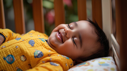 Indian Baby Boy Laughing in Sleep, Resting in Wooden Crib.
