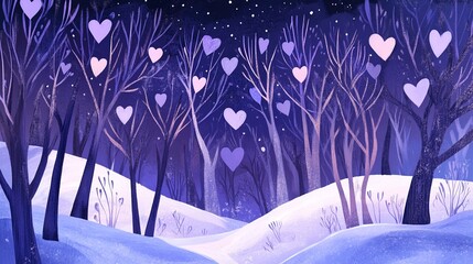 Enchanting Winter Forest with Hearts A Magical Valentine's Day Scene