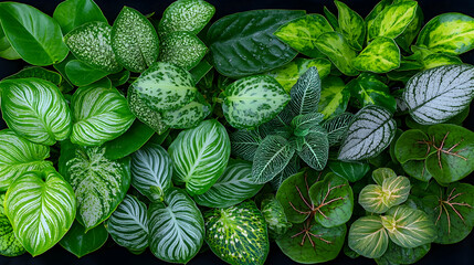 Lush green tropical foliage background, diverse plants, nature texture