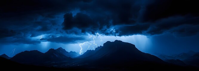 A dramatic close-up of a lightning storm over a dark mountain range