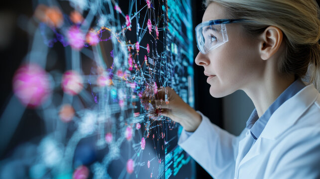 scientist analyzing data on digital screen, wearing glasses and lab coat, focused on research and technology. atmosphere is innovative and high tech