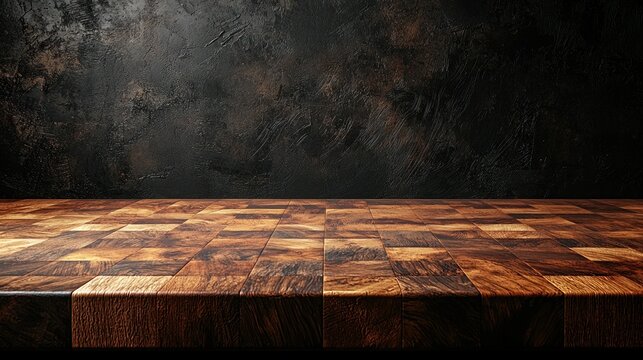 Empty wooden butcher block table on dark grunge background for food placement