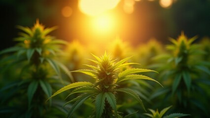 Obraz premium Dawn light filtering through cannabis leaves, symbolizing renewal, spiritual awakening, and the divine cycle of life.