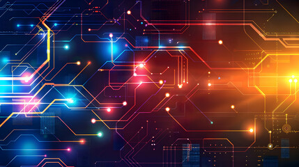 Abstract digital circuitry design with vibrant colors and glowing elements.