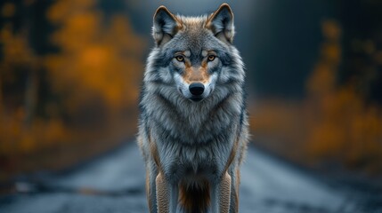 Obraz premium Majestic wolf standing on forest road with autumn colors