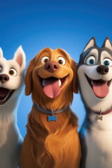 Happy dogs, film poster, blue background, friendship