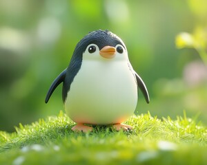 Naklejka premium Cute penguin figurine in a lush green garden