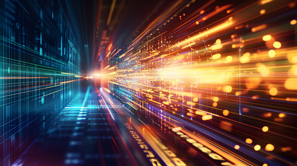 Abstract digital background showcasing vibrant light trails and data streams.
