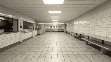 Obraz premium Empty cafeteria interior showcasing tiled floor, benches, and serving area in monochrome