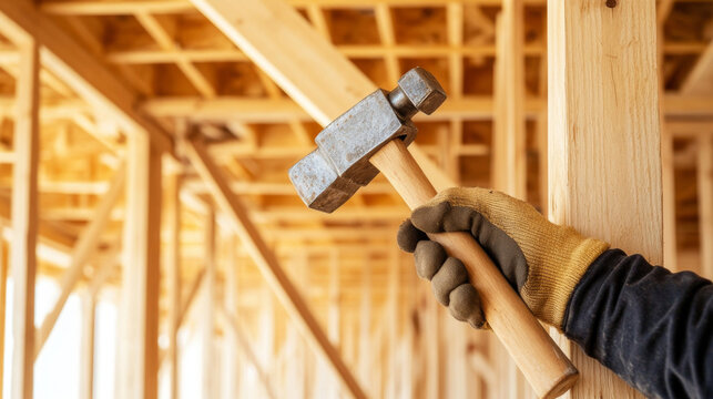 worker holding hammer in construction site, showcasing craftsmanship and dedication. wooden framework and tools highlight building process