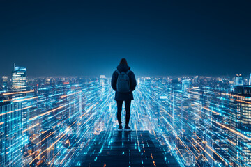 person stands on rooftop overlooking vibrant city skyline at night, surrounded by glowing lights and sense of wonder