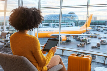 traveler using tablet at airport, with suitcase nearby and airplane in view. scene captures sense...