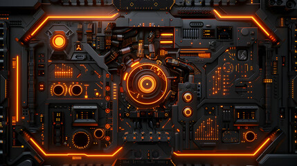Fototapeta premium A futuristic, high-tech interface with glowing orange elements and intricate circuitry design.