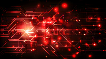 Fototapeta premium Abstract digital circuit design with glowing red elements on a dark background.