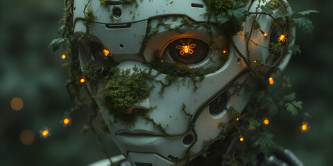 Obraz premium A humanoid robot’s face partially covered in moss and vines, tiny glowing fireflies hovering around its mechanical features.