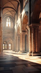Fototapeta premium Sunlit stone hallway in grand cathedral