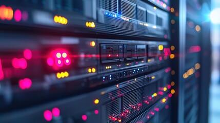 Naklejka premium Modern Data Center Server Rack Technology Illuminated with Vibrant Lights