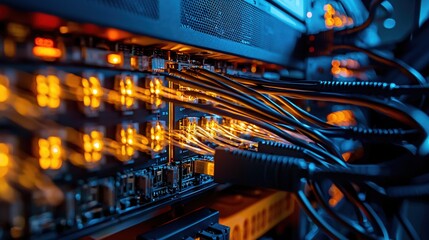 Naklejka premium Illuminated Network Server Cables Data Center Technology
