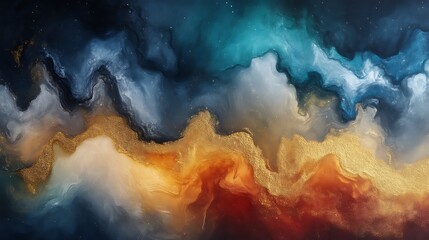 Abstract Fluid Art Gold Teal Blue Hues