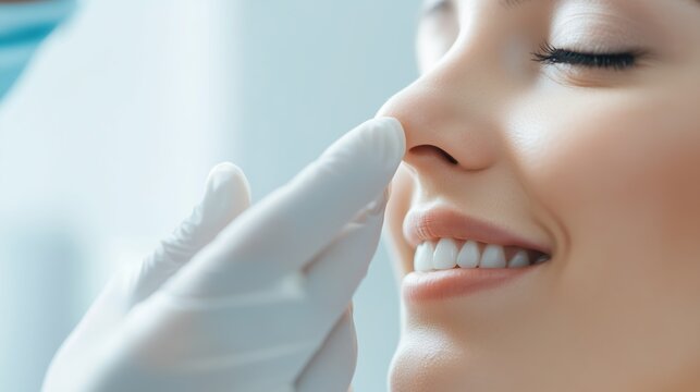 Surgeon wearing gloves carefully examining the nose of a smiling patient in a medical clinic, preparing for an upcoming cosmetic surgery procedure focused on enhancing beauty