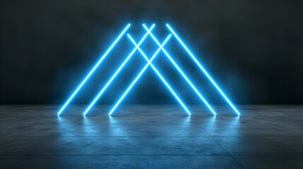 Blue neon lights form triangle, dark studio