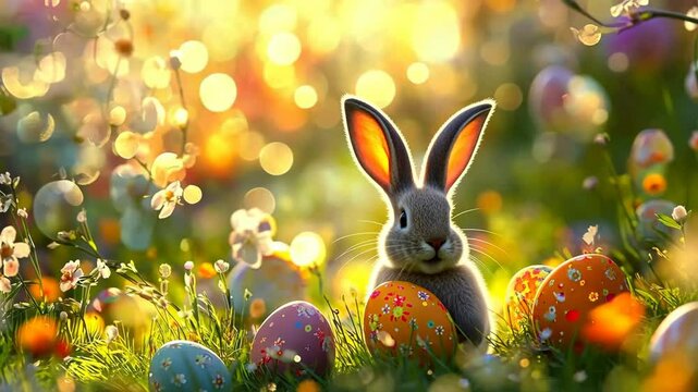 A beautiful Easter bunny, fluffy, with colorful Easter eggs, on the background of a green garden and flowers. A side view of the sun's glare in the background. Generative 4k video.