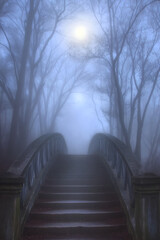 A bridge leading to the light, with a foggy, misty, dark background and soft focus, creating a surreal, ethereal, and mysterious atmosphere. The celestial light at the top of the stairs evokes 