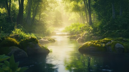 Obraz premium Sunlit forest stream, misty morning, peaceful nature scene, perfect for background