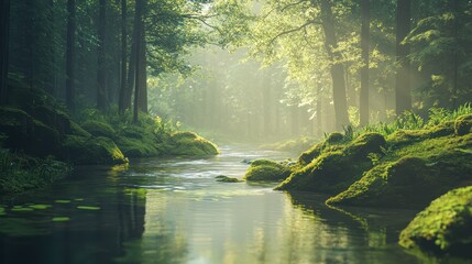 Obraz premium Misty forest stream, sunlit path, mossy banks, peaceful nature scene, ideal for eco-tourism