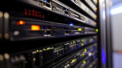 Powerful Server Rack Close Up Technology Data Center Network