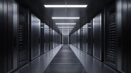 Fototapeta premium Modern Dark Server Room Corridor Technology Data Center