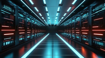Obraz premium Futuristic Server Room Corridor Neon Lights Technology Data Center
