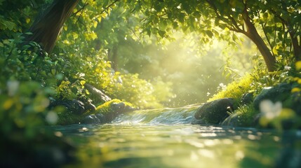 Sunlit stream flows through lush forest; tranquil nature scene, ideal for relaxation themes