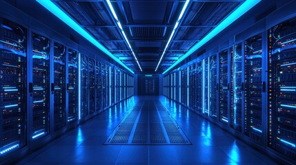 Modern Server Room Data Center Technology Blue Light Network Infrastructure