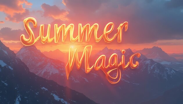 Summer Magic Text Effect on Mountain Landscape Background. Concept of travel, adventure, and vacation.