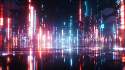 Fototapeta premium Futuristic city at night with glowing neon lights reflected in a watery surface