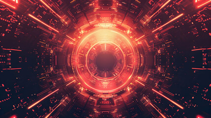 Obraz premium A vibrant, futuristic tunnel with glowing red and orange lights, suggesting advanced technology.