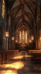 Fototapeta premium Sunlit aisle of a grand cathedral