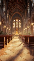 Fototapeta premium Sunlit church aisle, peaceful scene