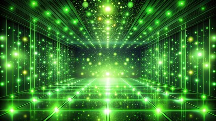 Obraz premium Bright green light bursts with tiny shiny light dots scattered around a futuristic room