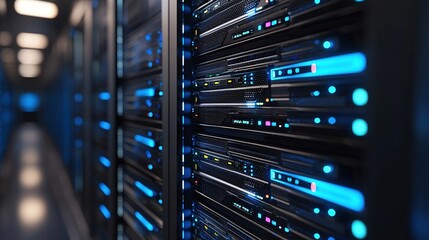 Modern Data Center Server Room Technology Blue Lights Network Infrastructure