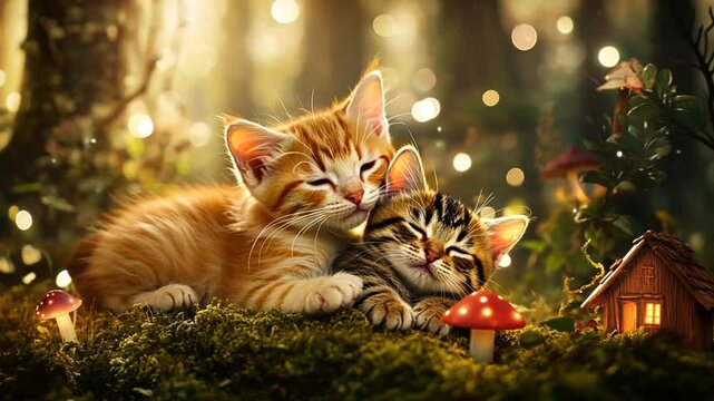  Two kittens cuddling in a magical forest with mushrooms and glowing lights

Two kittens cuddling on soft moss surrounded by mushrooms and glowing lights, creating a peaceful and enc