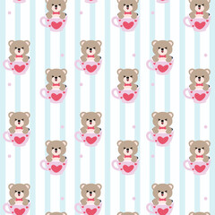 Adorable seamless pattern featuring cartoon bears sitting inside pink heart-decorated teacups on a pastel blue striped background