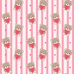 Seamless pattern featuring adorable teddy bears holding red hearts on a pink striped background with small decorative dots, perfect for Valentine’s Day