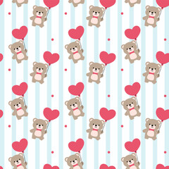 Seamless pattern featuring adorable cartoon bears holding red heart-shaped balloons on a pastel blue striped background with small decorative dots