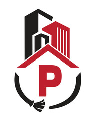 Initial Letter P Industrial Cleaning Logo Concept With Cleaning Brush and Building Symbol. Broom Sign