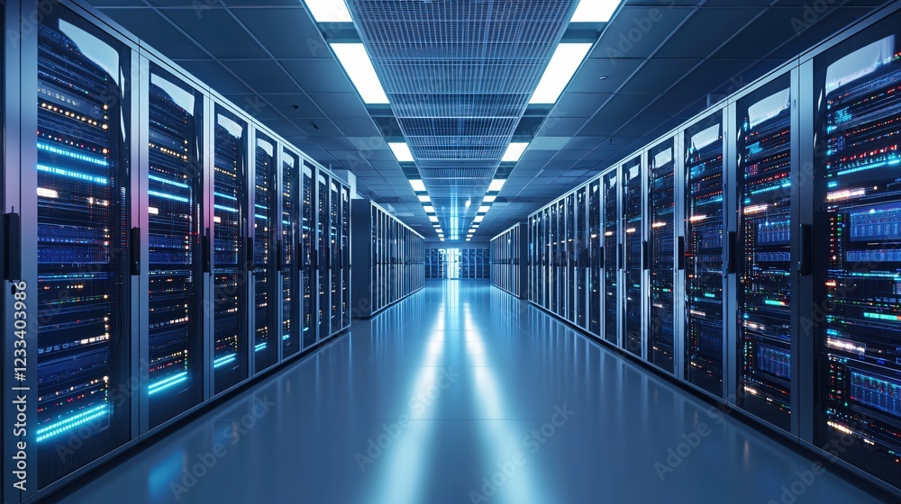 Poster modern data center server room technology illuminated corridor