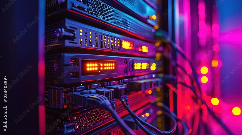 Poster Neon Lit Server Rack Network Technology Data Center