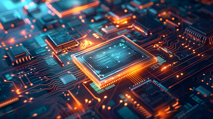 Obraz premium A close-up view of a circuit board with glowing components and intricate designs.
