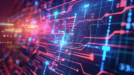 Obraz premium Abstract digital circuit design with glowing lines and nodes.